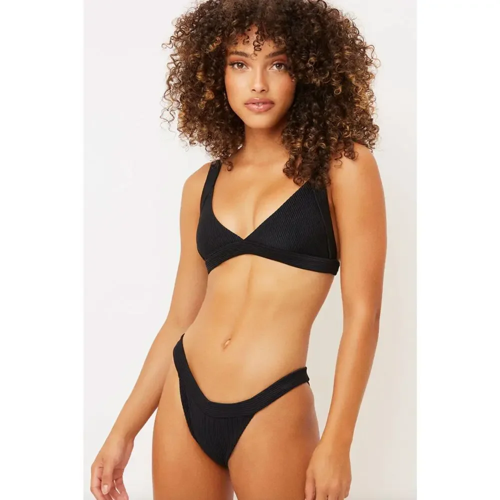Frankies Bikinis Grace Cheeky Bikini Bottom - Black RIbbed - L - NWT